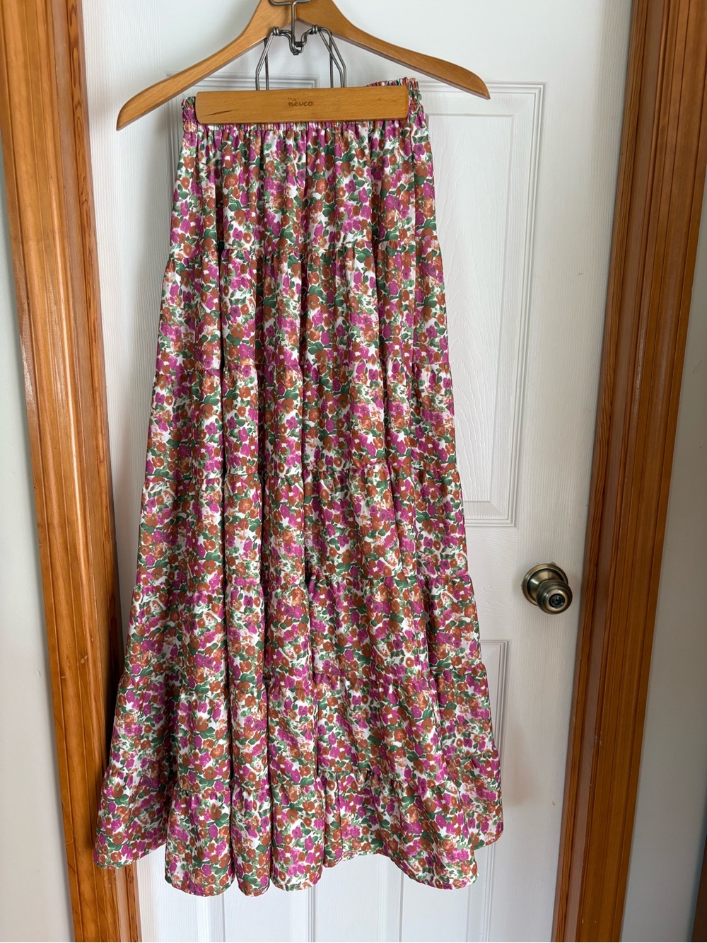 PINCH M Pink Orange Floral Tiered Maxi Skirt Elastic Waist Boho